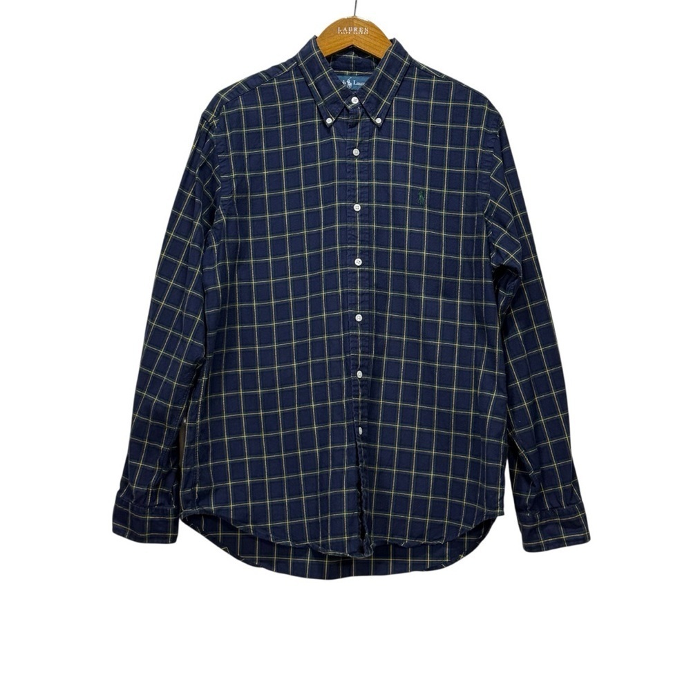 Ralph Lauren Classic Fit Plaid Button-Down Shirt Navy Yellow Grid Men’s Size L